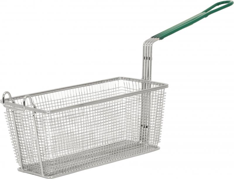 13 1/4" x 5 7/8" x 5 5/8" Nickel-Plated Iron Fryer Basket with Green Handle